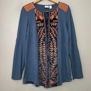 Zenergy by Chicos Shirt 1 Size Medium Blue Gold Embroidered Velvet Tee Boho